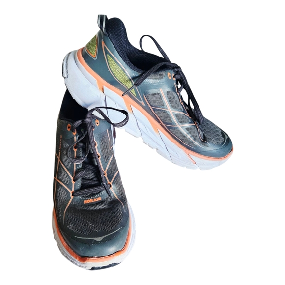 Women's Hoka One Clifton 2 Grey Neon Orange Athletic Sneaker Lace Up Size 9.5 - Picture 10 of 10